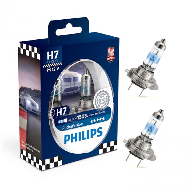 2 x Philips H7 55W12V Racing Vision in Hardcoverbox Sock. PX26d 150%