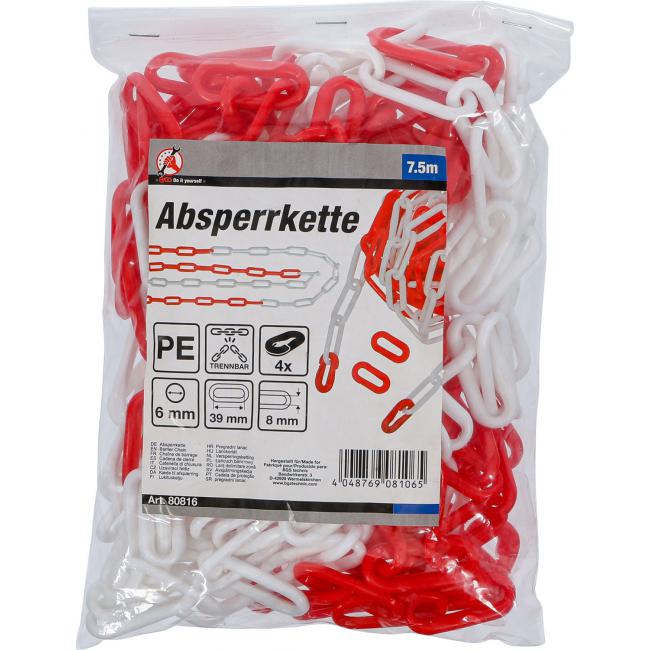 Absperrkette, rot / weiß, 4 Karabiner, Kunststoff, 7,5 m