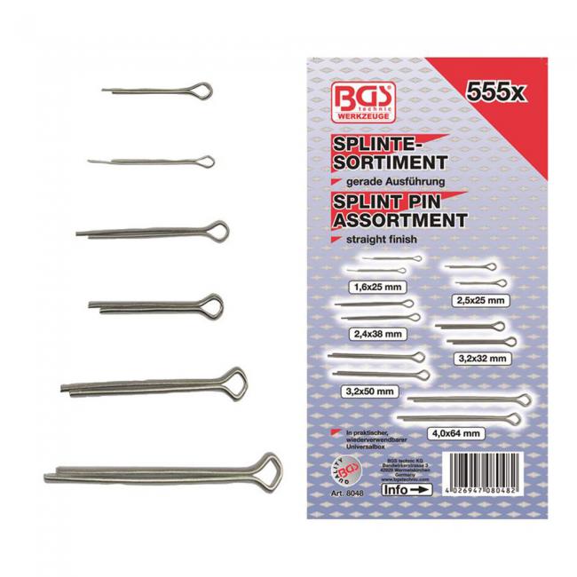 BGS 8048 Splinte-Sortiment 555-tlg. Sicherungsstifte Splint gerade Ausführung