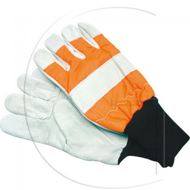 Kettensägehandschuhe / Größe = M / Größe = 9 - Leucht Orange / weiß mit schwarzem Strickbund. Schnittschutz im linken Handschuh.