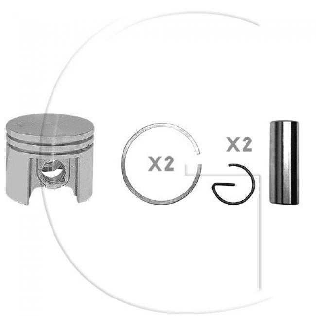 Kolben komplett / Ø Kolben = 38 mm / Stärke Kolbering = 1,2 mm / Ø Bolzen = 10 mm / Inhalt = A - Kolbenringe, Kolbenbolzen und Clips inklusive.