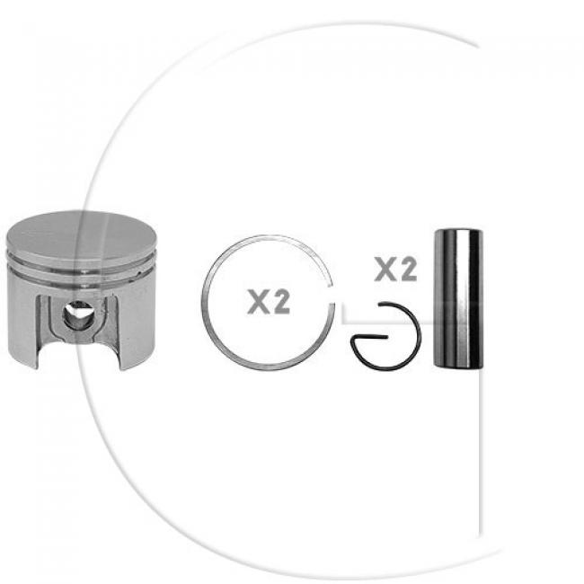Kolben komplett / Ø Kolben = 38 mm / Stärke Kolbering = 1,2 mm / Ø Bolzen = 8 mm / Inhalt = A - Kolbenringe, Kolbenbolzen und Clips inklusive.