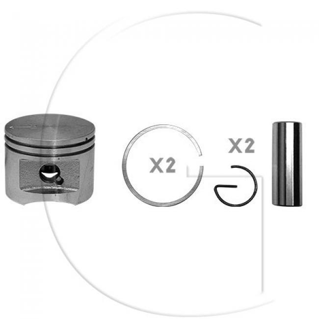 Kolben komplett / Ø Kolben = 44 mm / Stärke Kolbering = 1,3 mm / Ø Bolzen = 10 mm / Inhalt = A - Kolbenringe, Kolbenbolzen und Clips inklusive.