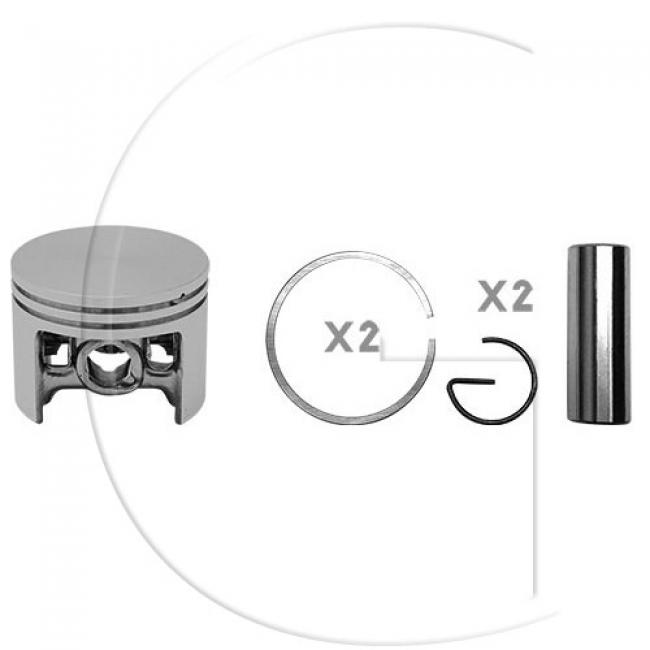 Kolben komplett / Ø Kolben = 52 mm / Stärke Kolbering = 1,5 mm / Ø Bolzen = 12 mm / Inhalt = A - Kolbenringe, Kolbenbolzen und Clips inklusive.