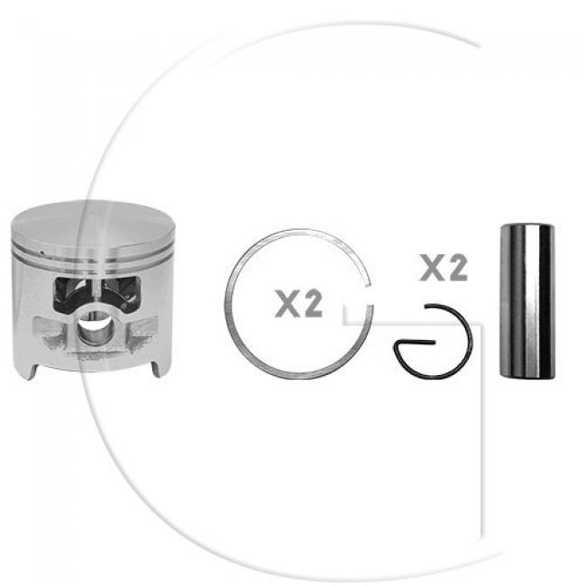 Kolben komplett / Ø Kolben = 58 mm / Stärke Kolbering = 1,5 mm / Ø Bolzen = 13 mm / Inhalt = A - Kolbenringe, Kolbenbolzen und Clips inklusive.