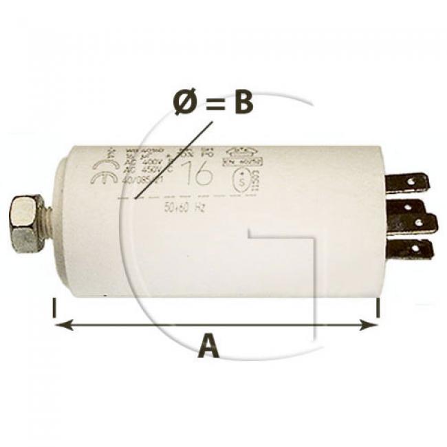 Kondensator für Elektromotoren / L = 71 (A) mm / Ø = 30 (B) mm / Kapazität = 10 mF / Leistung = 900>... - für Häcksler, - Hochdruckreiniger, ...