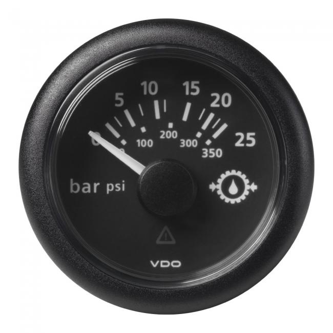 VDO-ViewLine Getriebeöl-Druckanzeiger Ø52mm 0-25 bar/0-350 psi 8-32V 10-184 Ohm schwarz oder weiß