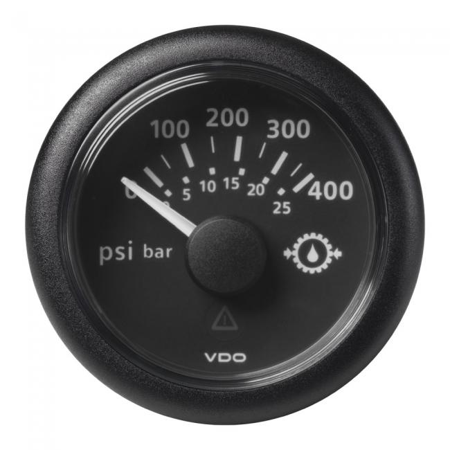 VDO-ViewLine Getriebeöl-Druckanzeiger Ø52mm 0-30/35 bar/0-400/435 psi 8-32V 10-184 Ohm schwarz oder weiß