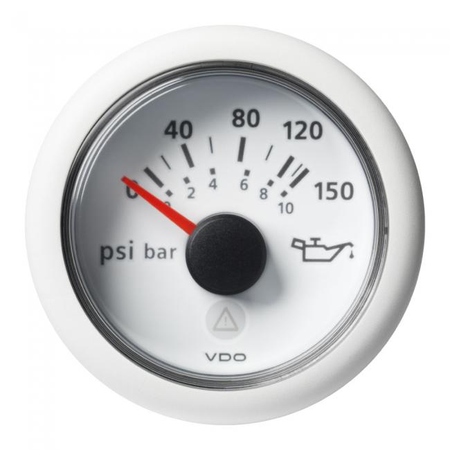 VDO-ViewLine Motoröl-Druckanzeiger Ø52mm 0-10 bar/0-150 psi 8-32V 10–184 Ohm/240 – 33,5 Ohm schwarz oder weiß